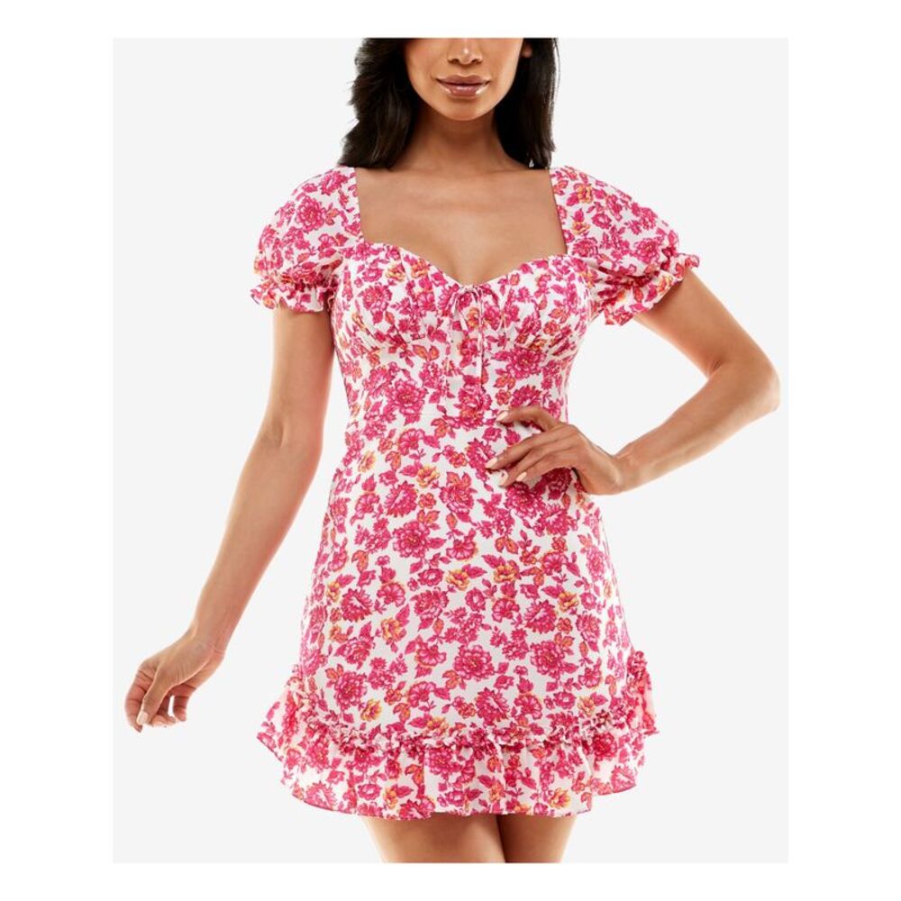 B DARLIN Womens Fit + Flare Short Dress Pink Lined Short Sleeve Tie Juniors 9\10